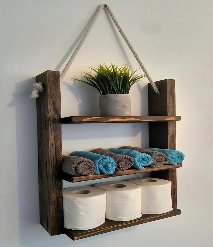 Wall-Mounted Wooden Shelf with Rope – Bathroom & Kitchen Storage