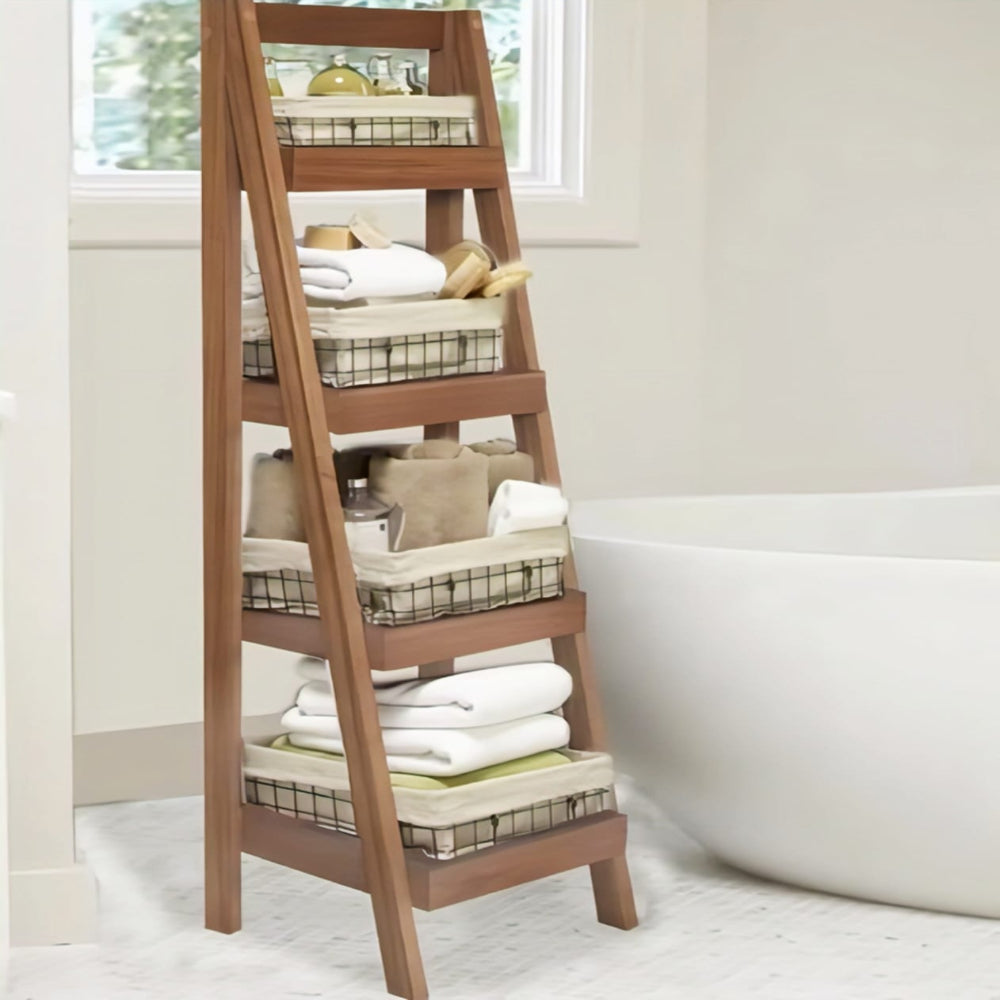 Premium Solid Wood Ladder Shelf - 4 Tier Storage Rack