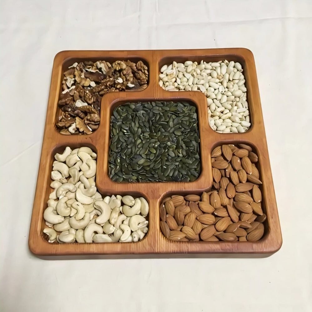 Premium Solid Wood Partitioned Serving Tray - Dry Fruit & Snack Organizer