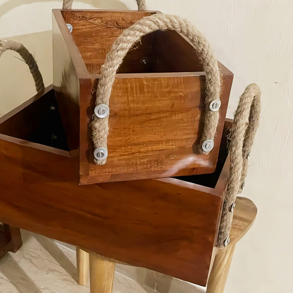 Premium Solid Wood Storage Box with Jute Rope Handles - Rustic Organizer Planter