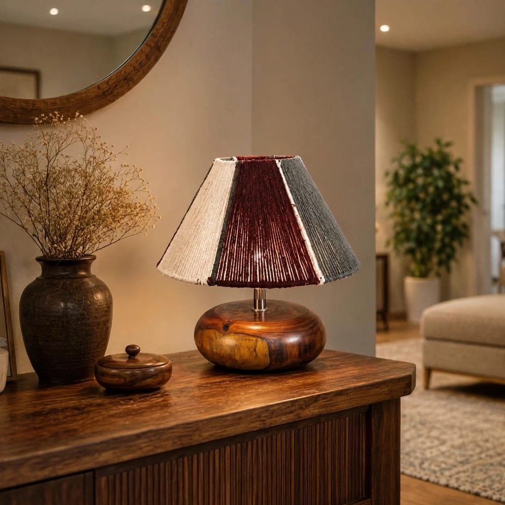 Noir - Solid Wood Pebble Table Lamp with Handwoven Tricolor String Shade