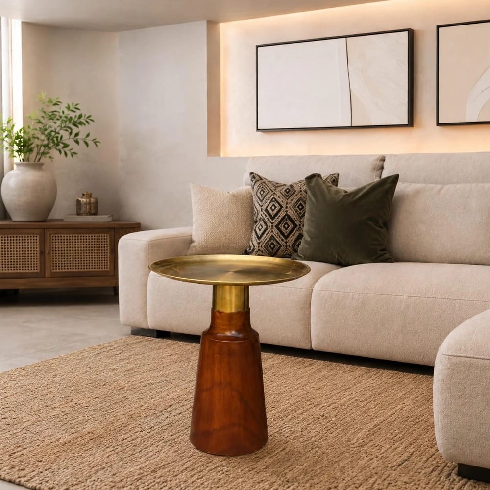 Luxe - Solid Wood Pedestal Side Table with Brass Metal Tray Top