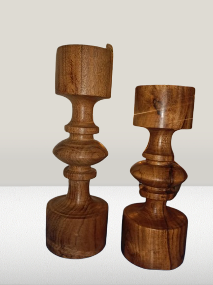 Amazing Swirly Design Wooden Candle Holders - Solid Acacia Elegance Set