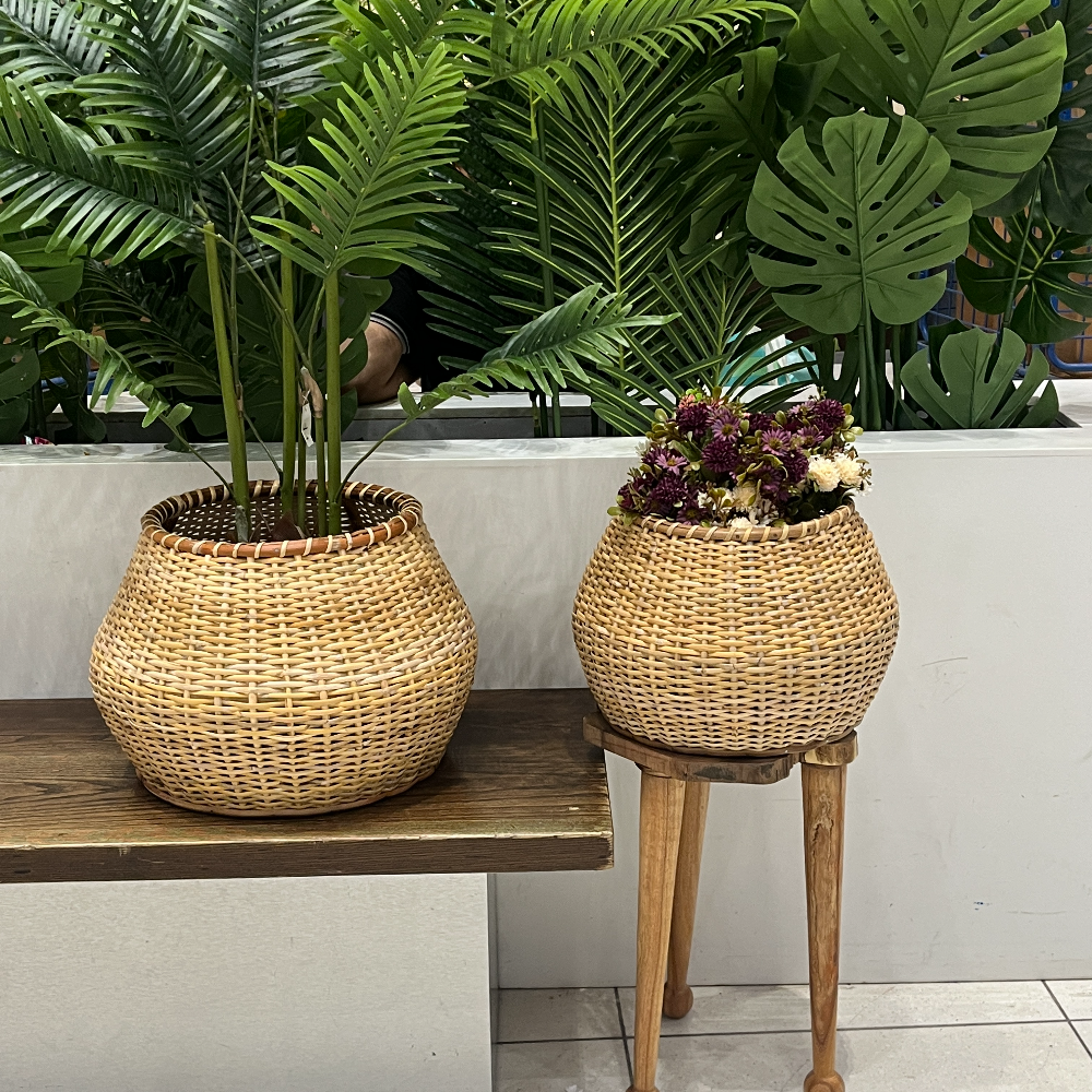 cane planter pots Cane Basket Tripod Planter – Wood Sajawat