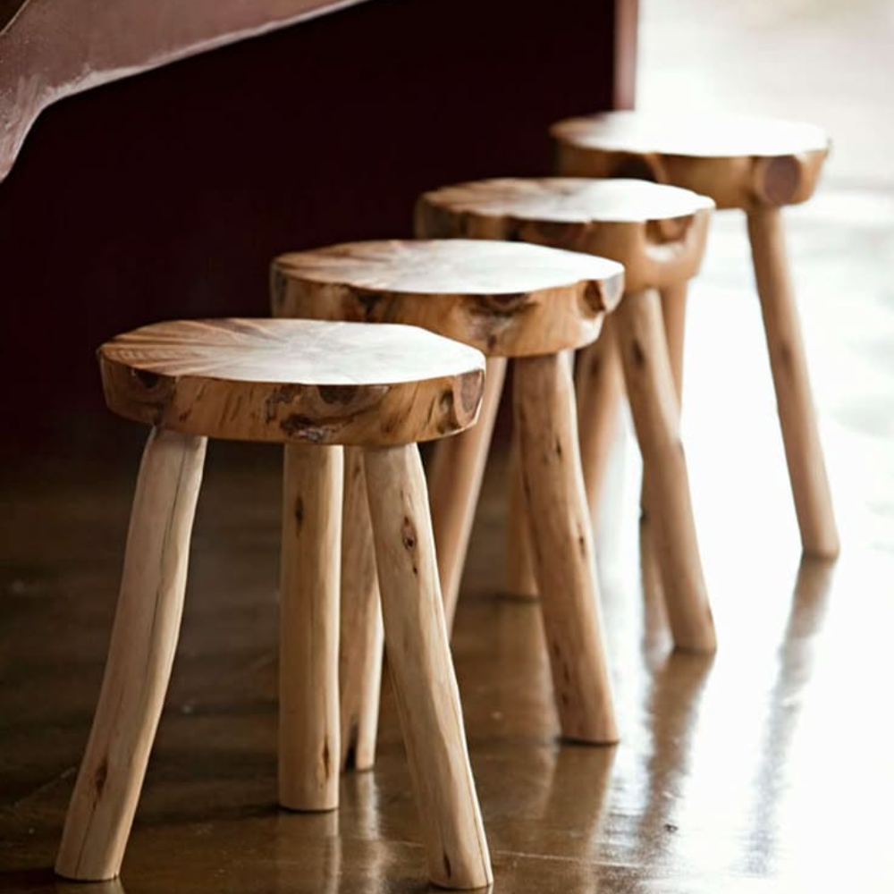 Rustic Wooden Tripod Stools – Set of 4 | Natural Live Edge Accent Seating & Side Tables