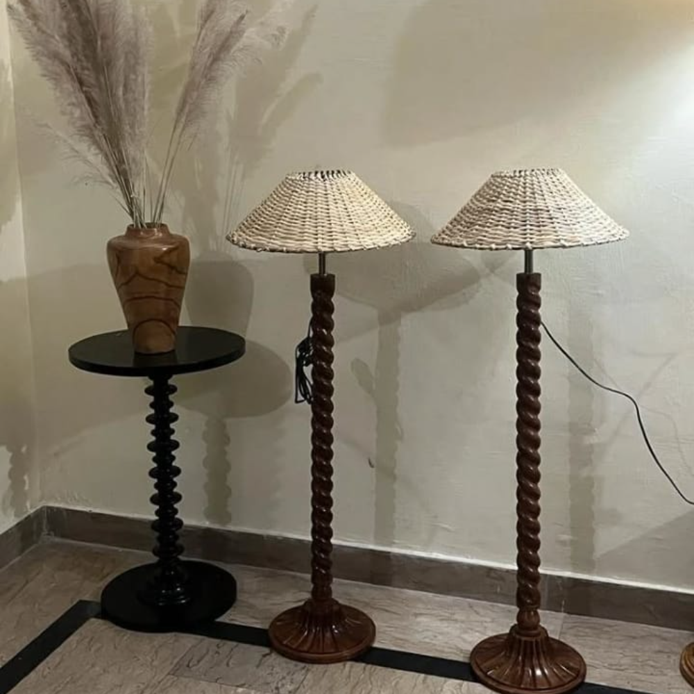 Pair of Wooden Floor Lamps – Handcrafted Standing Lights for Elegant Interiors