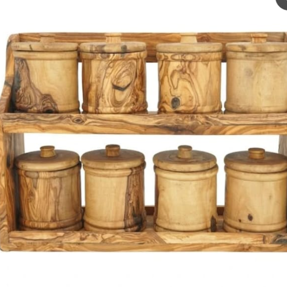 Handcrafted Wooden Spice Rack with 8 Jars – Rustic Kitchen Organizer for Jars & Bottles