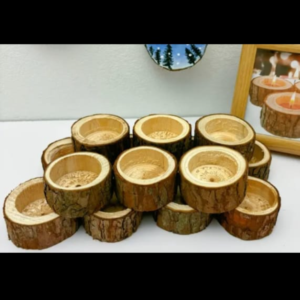 Rustic Wooden Log Tea Light Candle Holders – Set of Natural Bark Holders