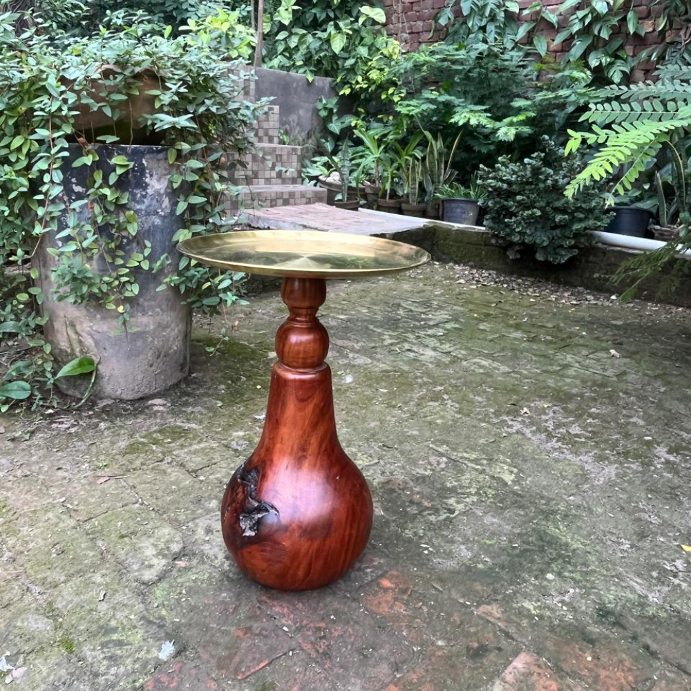 Handcrafted Wooden Pedestal Stand with Brass Top – Premium Decorative Display Table