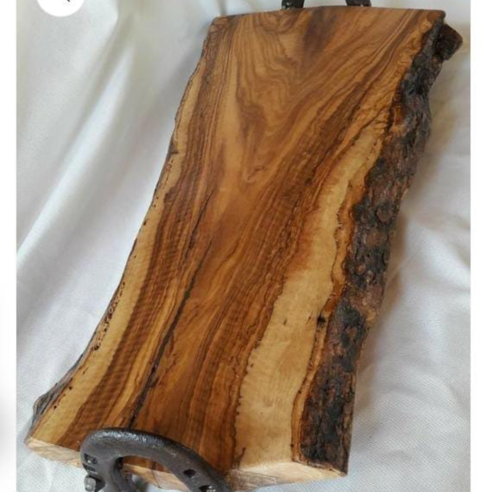 Handcrafted Live Edge Wooden Tray with metal handles– Rustic Natural Serving & Decorative Tray