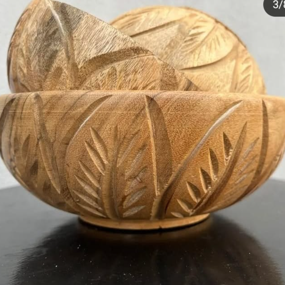 Rustic Leaf-Engraved Wooden Bowl Set for Kitchen & Decor