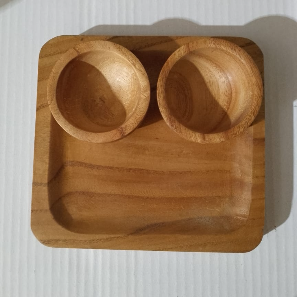 Handcrafted Wooden Tray with 2 Bowls – Rustic Serving Set for Snacks & Condiments