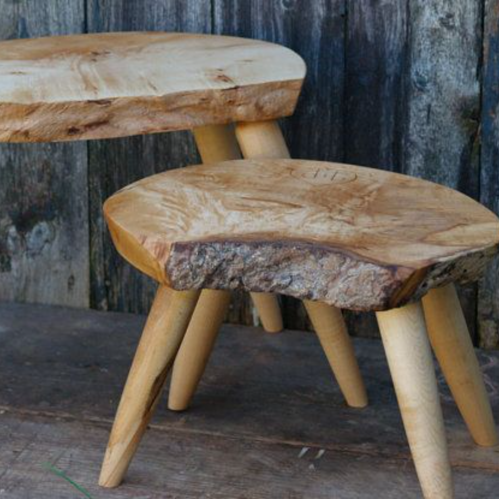 Rustic Live Edge Wooden Tripod Stools – Set of 2 Natural Accent Stools