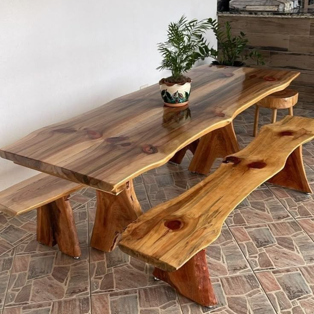 4-Person Solid Wood Dining Table Set with 2 Benches – Decorative Edge Design | Rustic & Elegant Dining Set