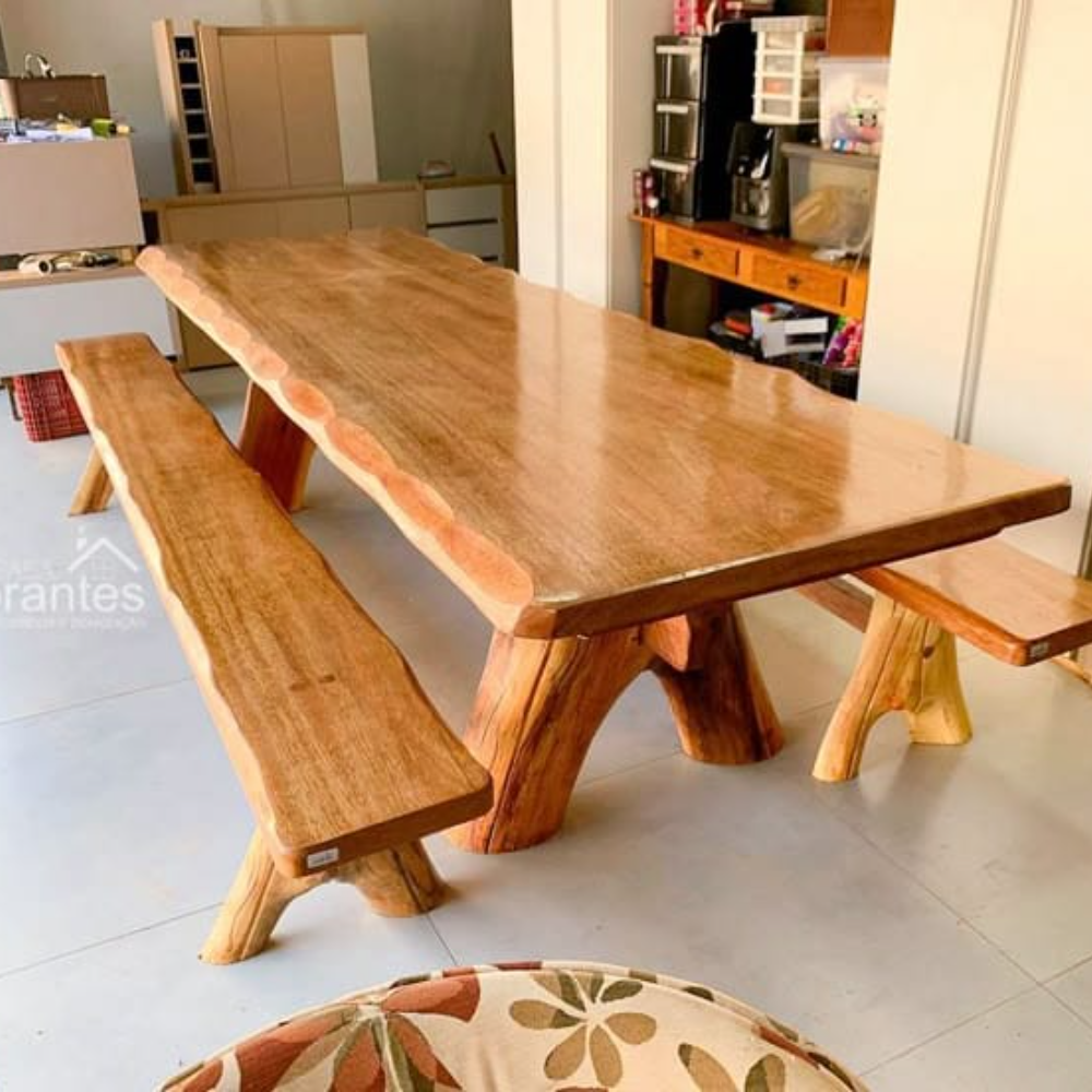 Solid Wood 4-Seater Dining Table Set with 2 Benches – Classic Rustic Dining Furniture for Home & Kitchen