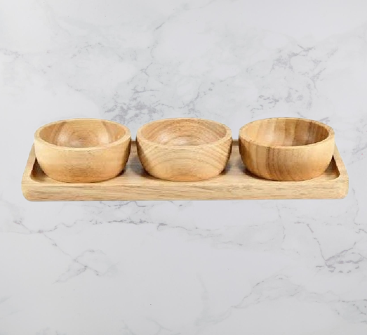 Wooden Serving Snack Tray with 3 Bowls – Solid Acacia Wood Snack Set