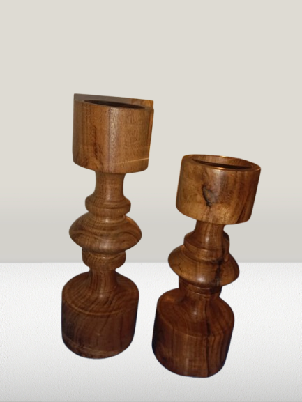 Amazing Swirly Design Wooden Candle Holders - Solid Acacia Elegance Set