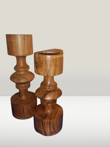 Amazing Swirly Design Wooden Candle Holders - Solid Acacia Elegance Set