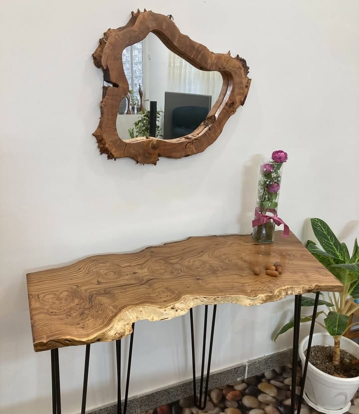Rustic Wooden Console Table with Matching Carved Mirror – Handcrafted Solid Wood Set