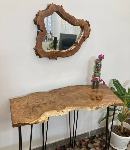 Rustic Wooden Console Table with Matching Carved Mirror – Handcrafted Solid Wood Set
