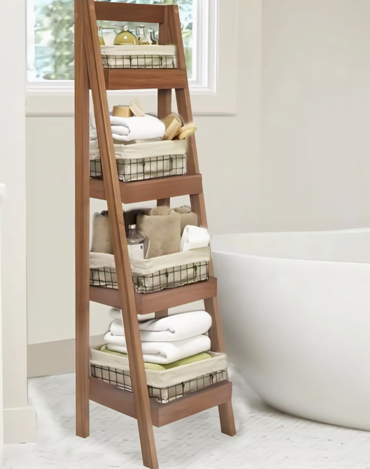 Premium Solid Wood Ladder Shelf - 4 Tier Storage Rack