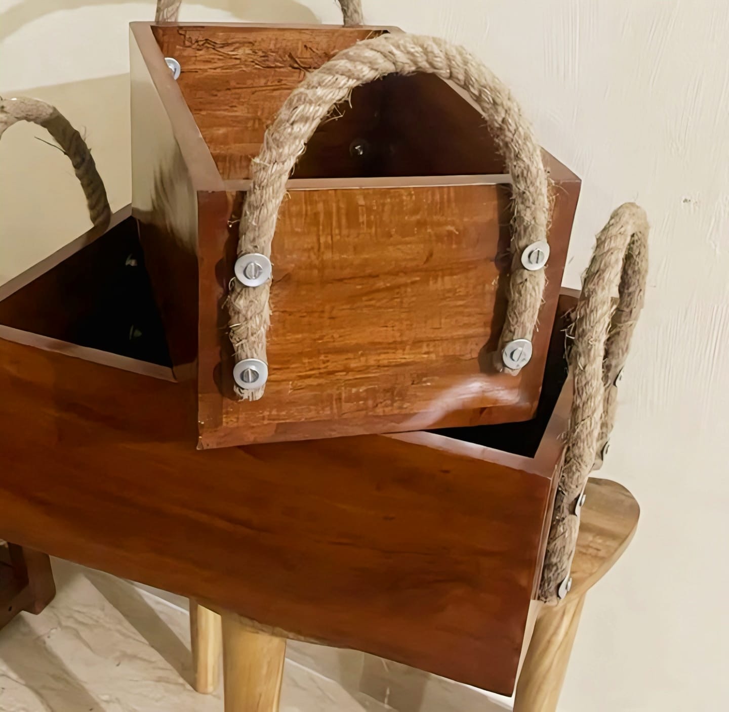 Premium Solid Wood Storage Box with Jute Rope Handles - Rustic Organizer Planter