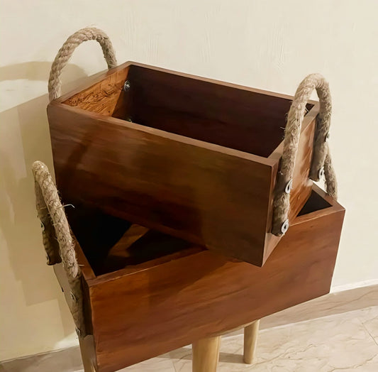 Premium Solid Wood Storage Box with Jute Rope Handles - Rustic Organizer Planter