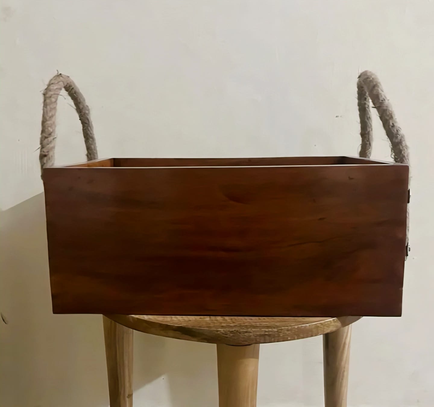 Premium Solid Wood Storage Box with Jute Rope Handles - Rustic Organizer Planter