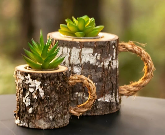Rustic Handcrafted Wood Log Planter Collection - Mug & Basket Style