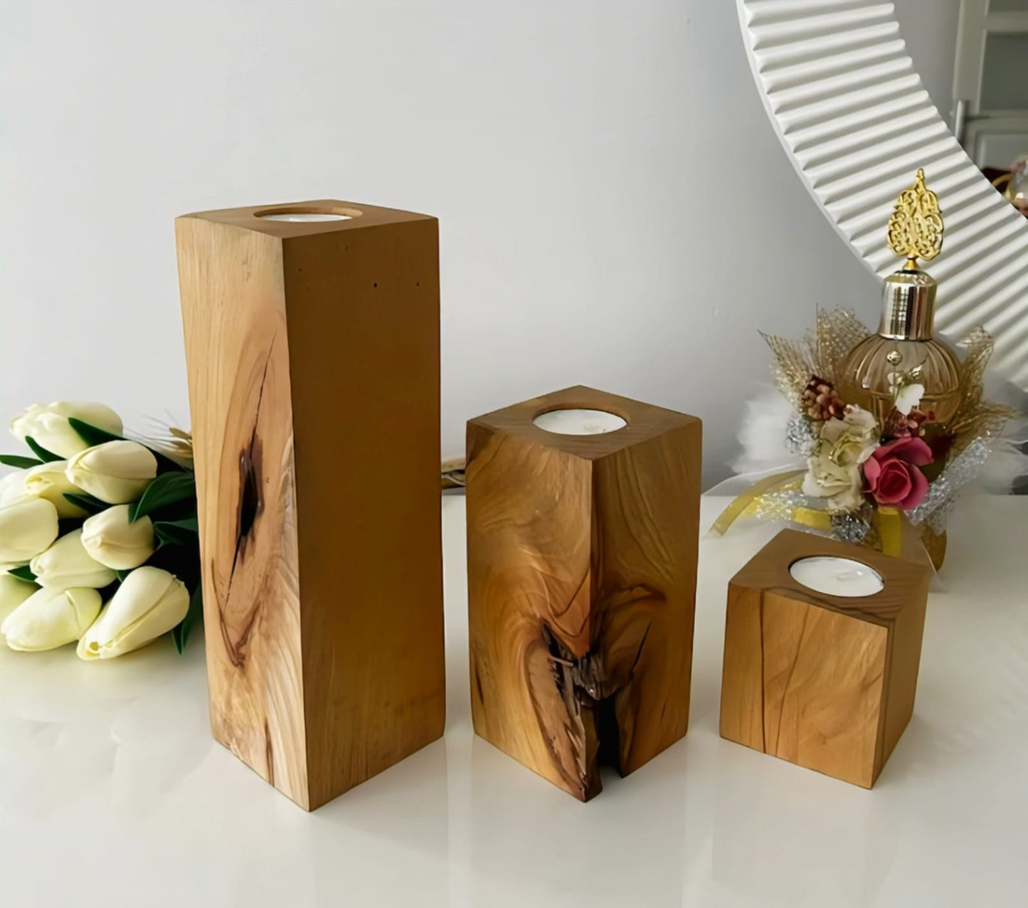 Rustic Wood Block Candle Holders