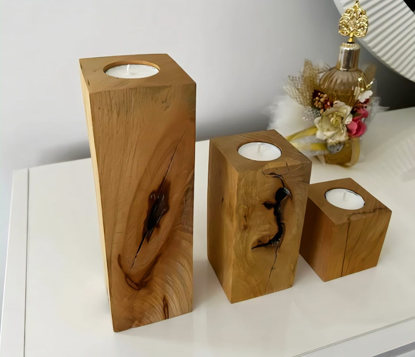 Rustic Wood Block Candle Holders
