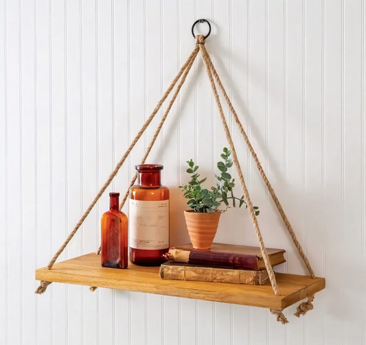 Rustic Hanging Rope Wood Shelf - Wall Floating Shelf