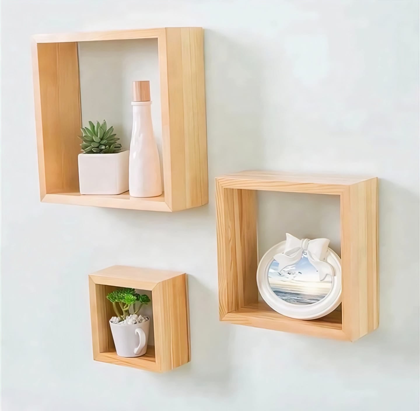 Handcrafted Acacia Wood Floating Cube Shelves - Set of 3