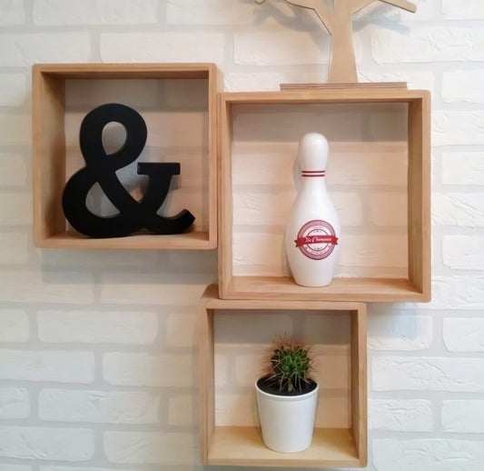 Handcrafted Acacia Wood Floating Cube Shelves - Set of 3
