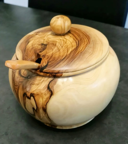 Handcrafted Acacia Wood Lidded Pot with Spoon