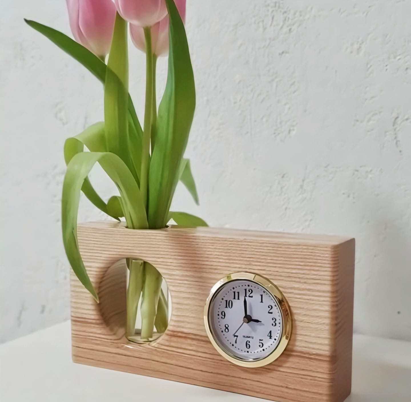 Modern Wooden Desk Clock with Glass Bud Vase
