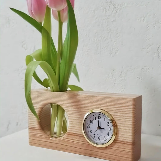Modern Wooden Desk Clock with Glass Bud Vase