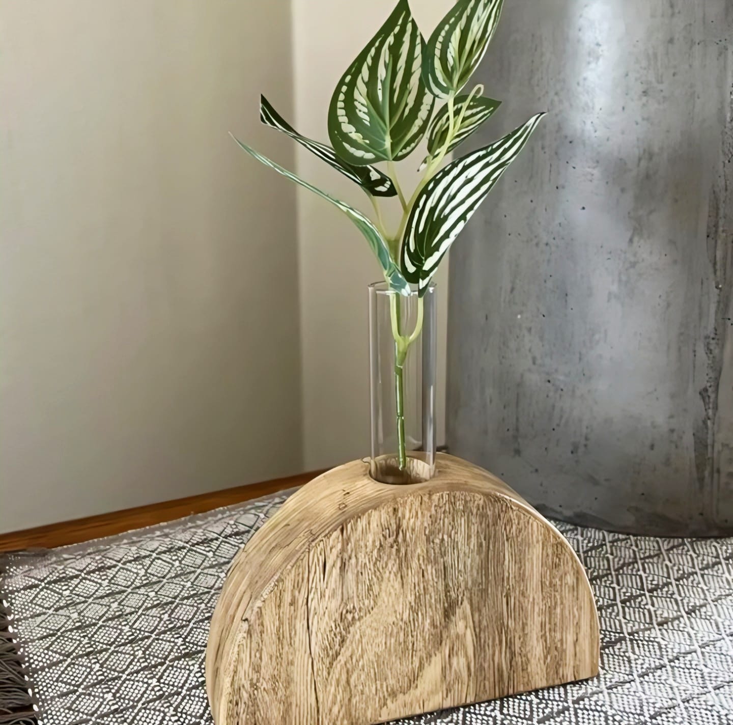 Half-Moon Wooden Bud Vase with Glass Tube