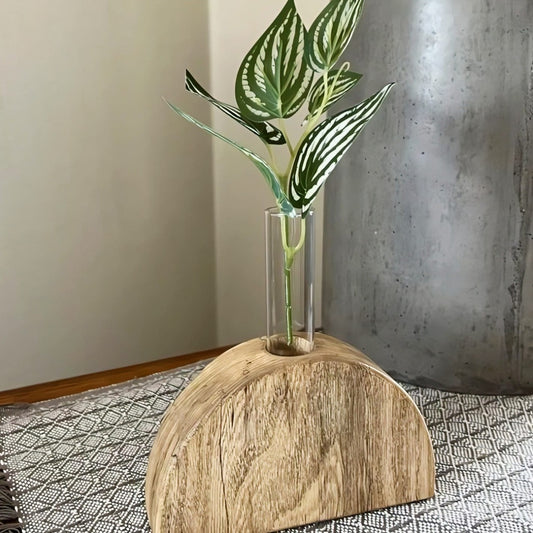 Half-Moon Wooden Bud Vase with Glass Tube