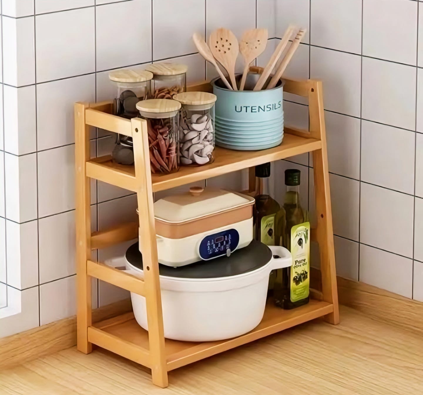 2-Tier Wooden Countertop Storage Rack