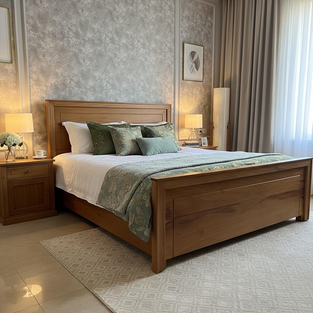 Solid Acacia Wood Panel Bed Frame