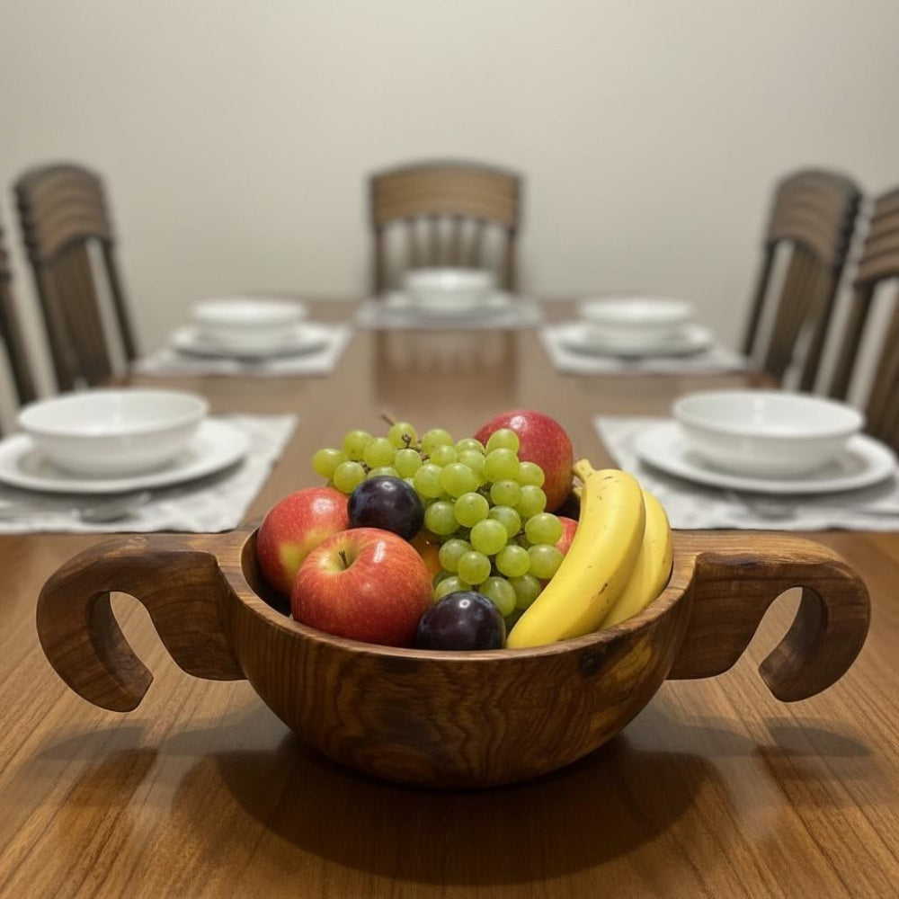 Handcrafted Double Handle Acacia Wood Serving Bowl