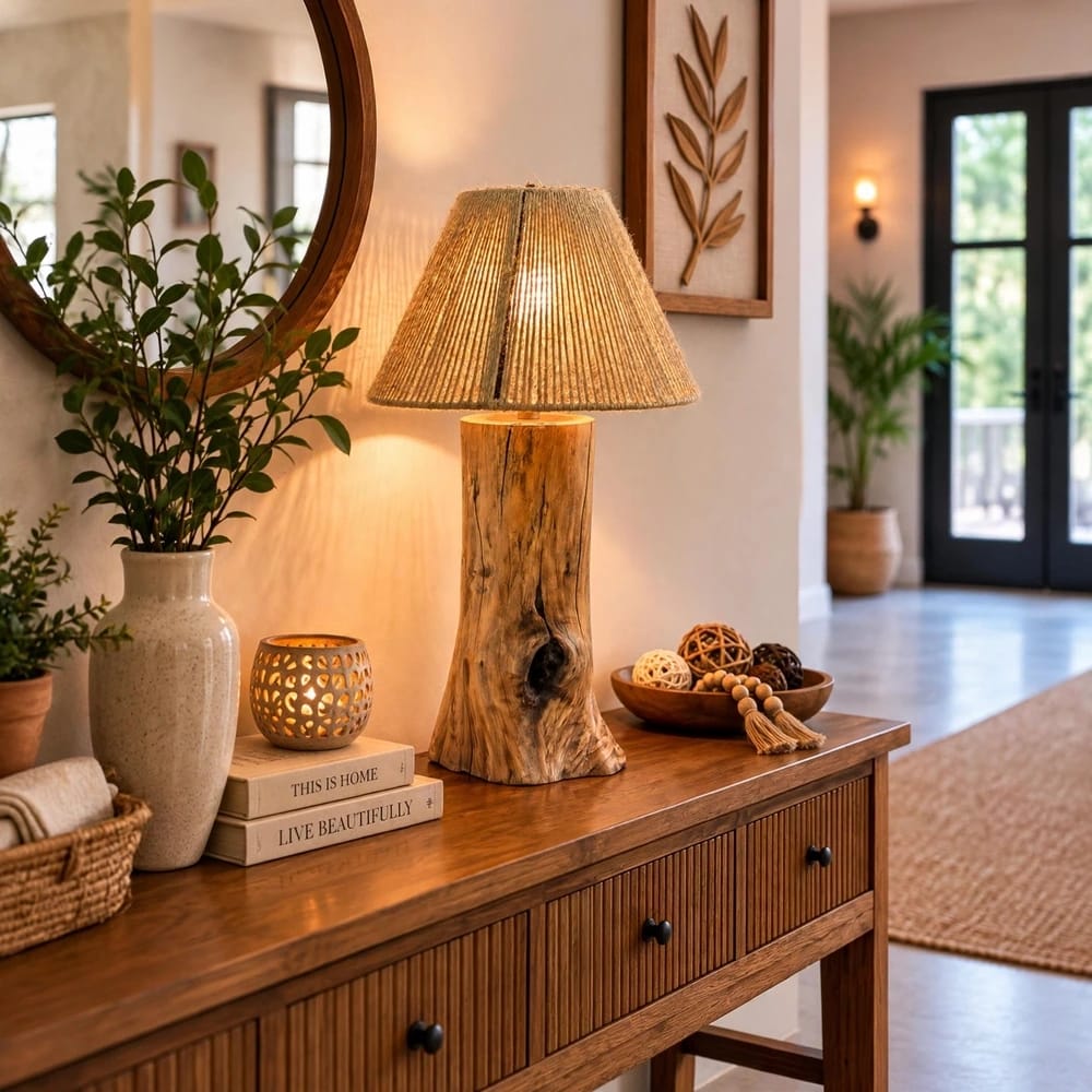 Rustic - Solid Wood Tree Trunk Table Lamp with Handwoven Jute Shade