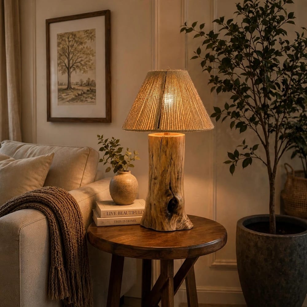 Rustic - Solid Wood Tree Trunk Table Lamp with Handwoven Jute Shade