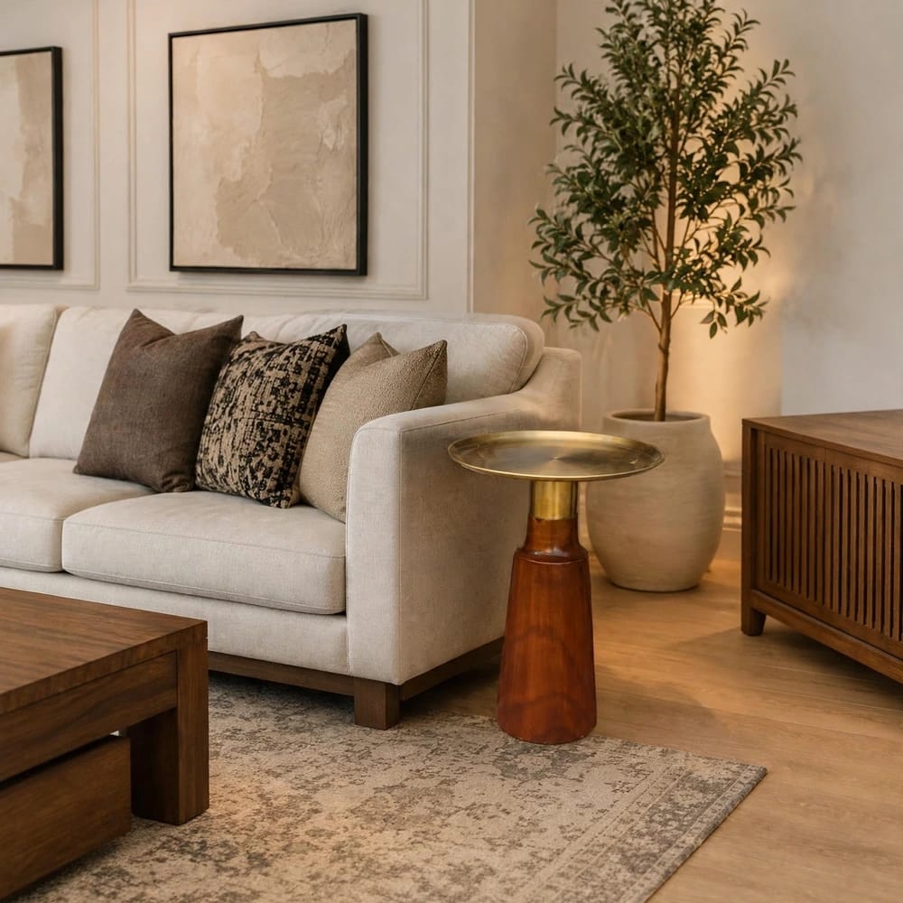 Luxe - Solid Wood Pedestal Side Table with Brass Metal Tray Top