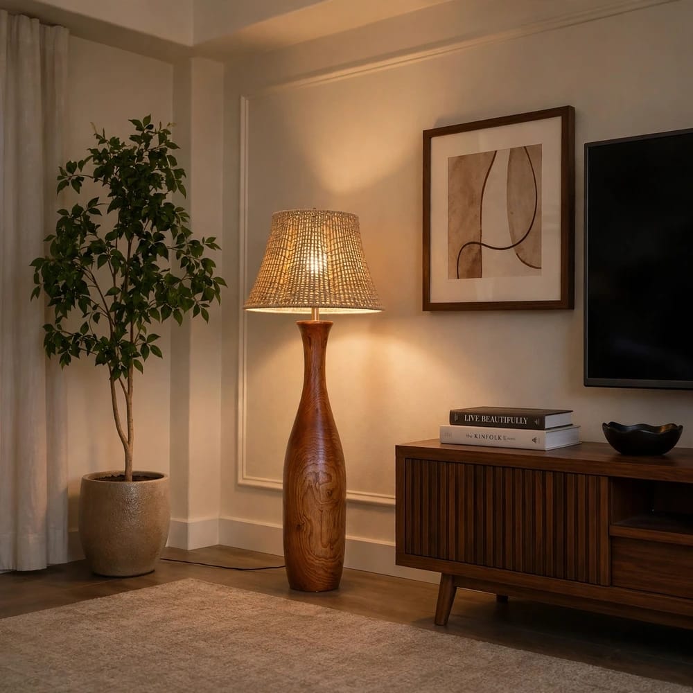 Vase - Solid Wood Bottle Floor Lamp with Handwoven Rattan Shade
