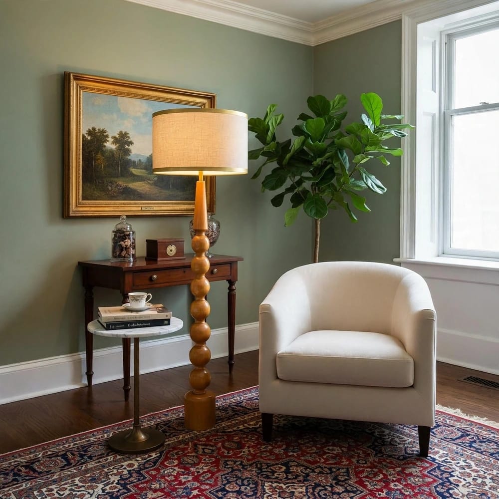 Bobbin - Solid Wood Floor Lamp with Linen Drum Shade and Brass Detailing