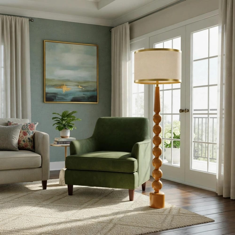 Bobbin - Solid Wood Floor Lamp with Linen Drum Shade and Brass Detailing