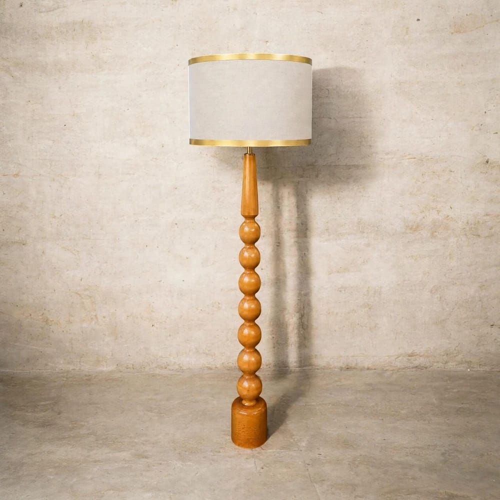 Bobbin - Solid Wood Floor Lamp with Linen Drum Shade and Brass Detailing