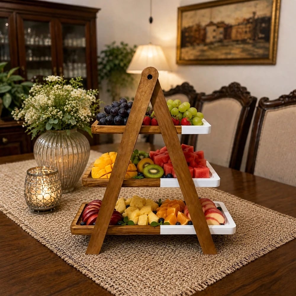 Tier - Solid Wood A-Frame 3 Tier Serving Stand with Dual-Tone Platters